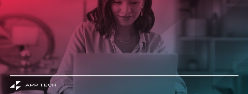 a woman sitting in front of a laptop with app tech written on the bottom