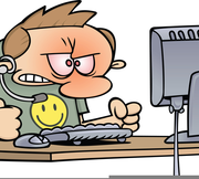 a cartoon of a man with a smiley face on his shirt sitting in front of a computer