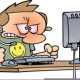 a cartoon of a man with a smiley face on his shirt sitting in front of a computer