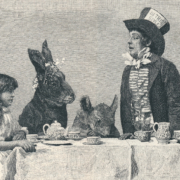 a man in a mad hatter costume talks to two rabbits and a woman