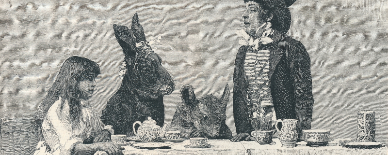 a man in a mad hatter costume talks to two rabbits and a woman