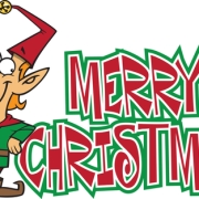 a merry Christmas logo with a cartoon elf on it