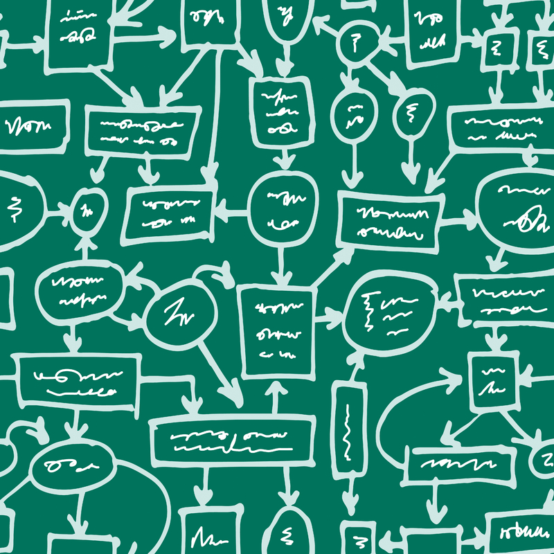 a seamless pattern of hand drawn flow charts on a green background