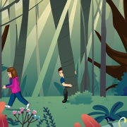 a cartoon illustration of children playing in a forest