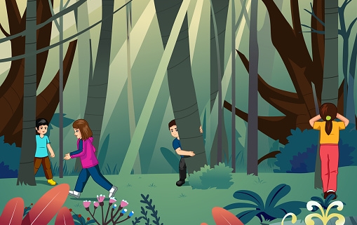 a cartoon illustration of children playing in a forest