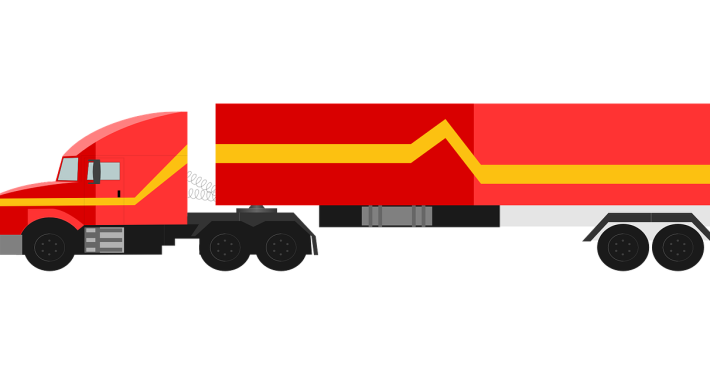 a red truck with a yellow stripe on the side is on a black background