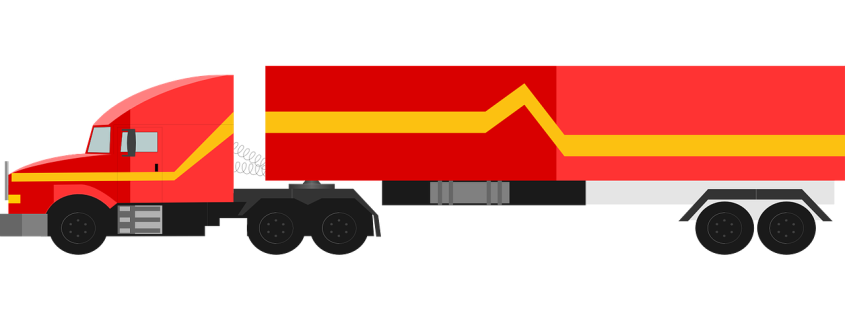 a red truck with a yellow stripe on the side is on a black background